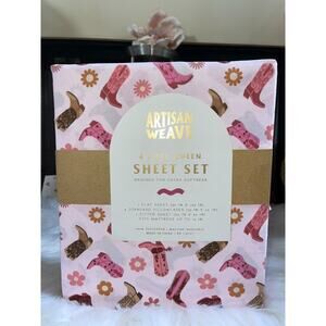 Pink Western Cowboy Boots & Flowers Artisan Weave QUEEN 4 Piece Bedding Set